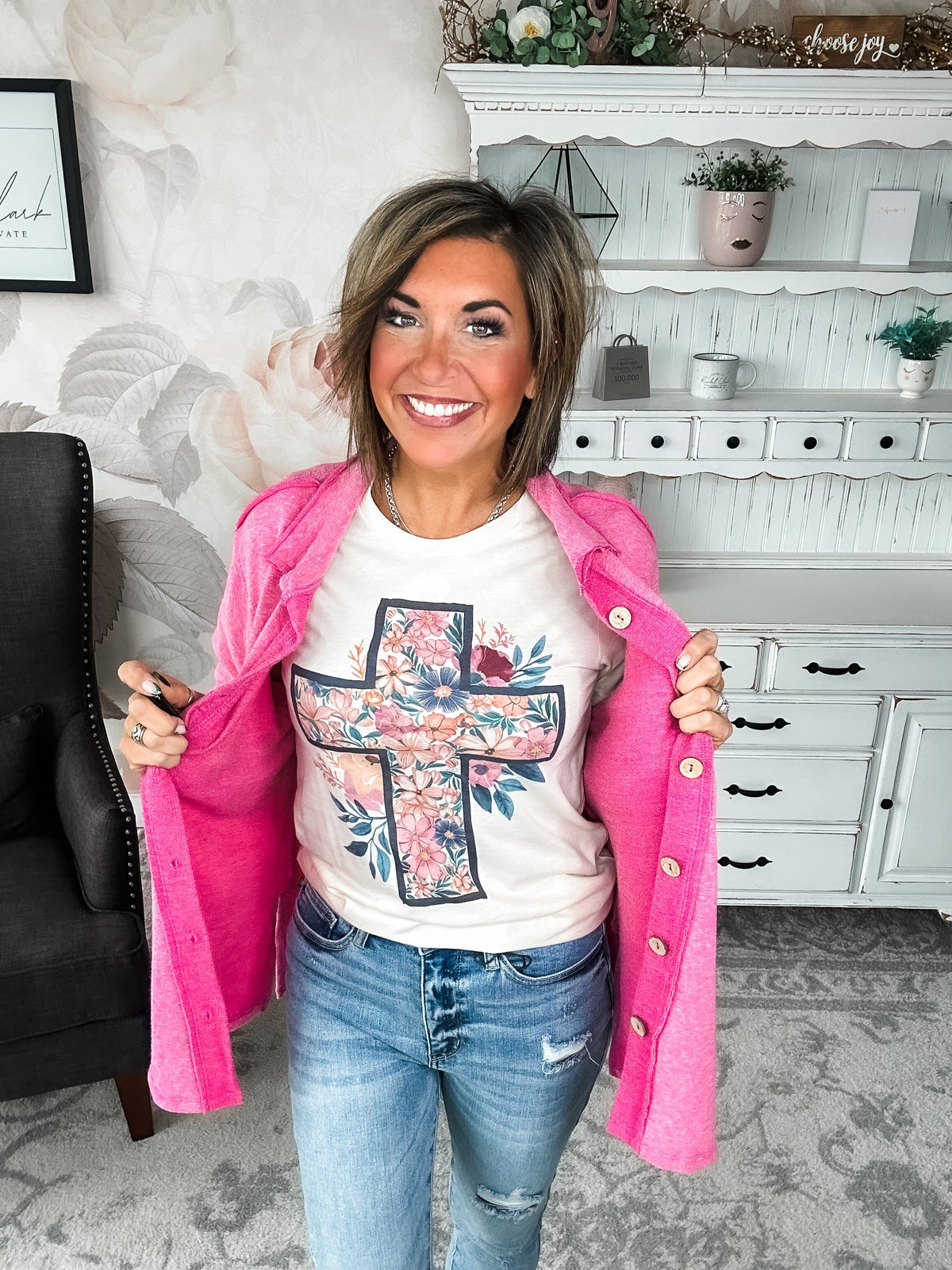 Floral Cream Cross Graphic Tee