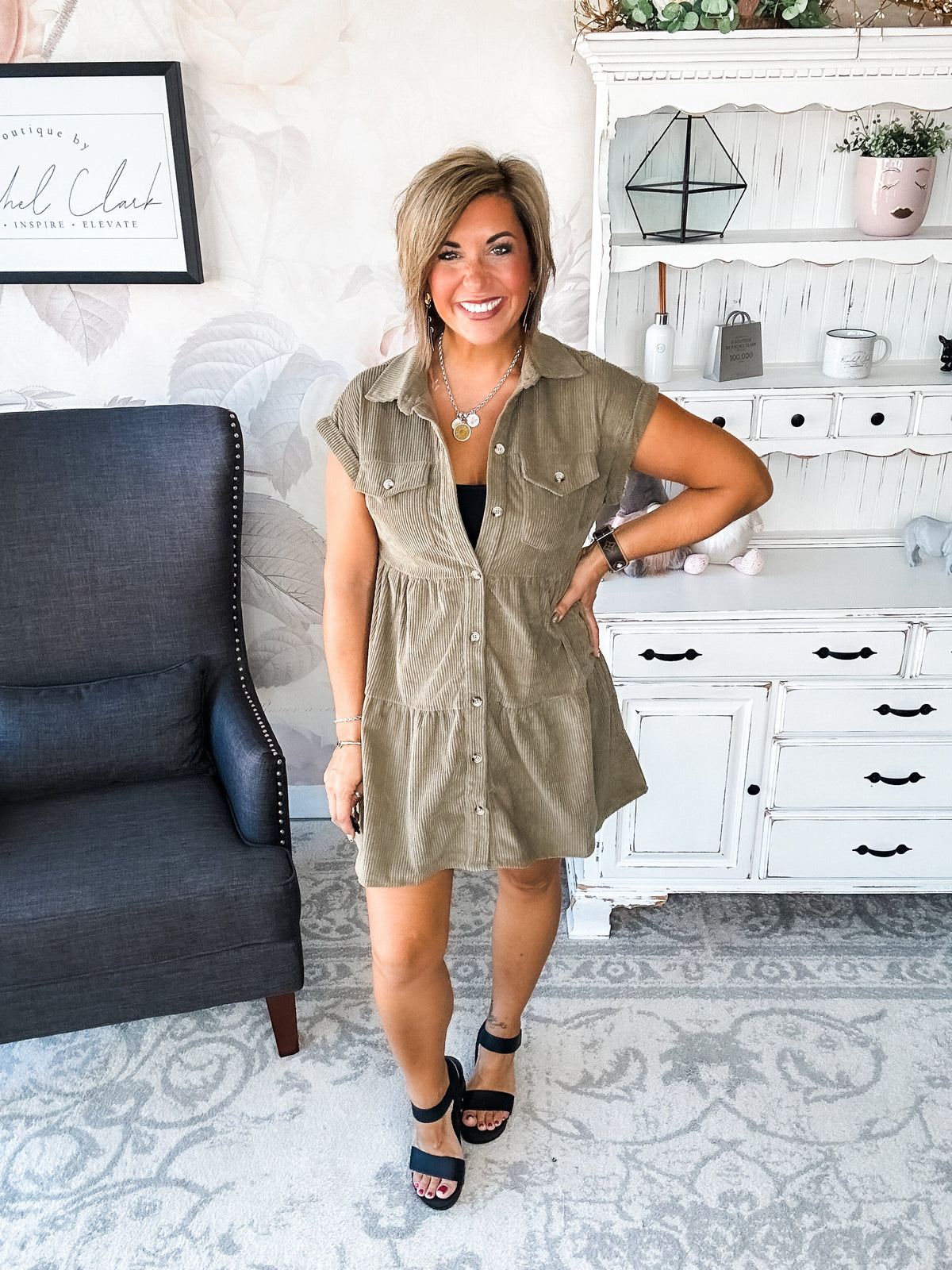 Missing Home Corduroy Dress - Olive