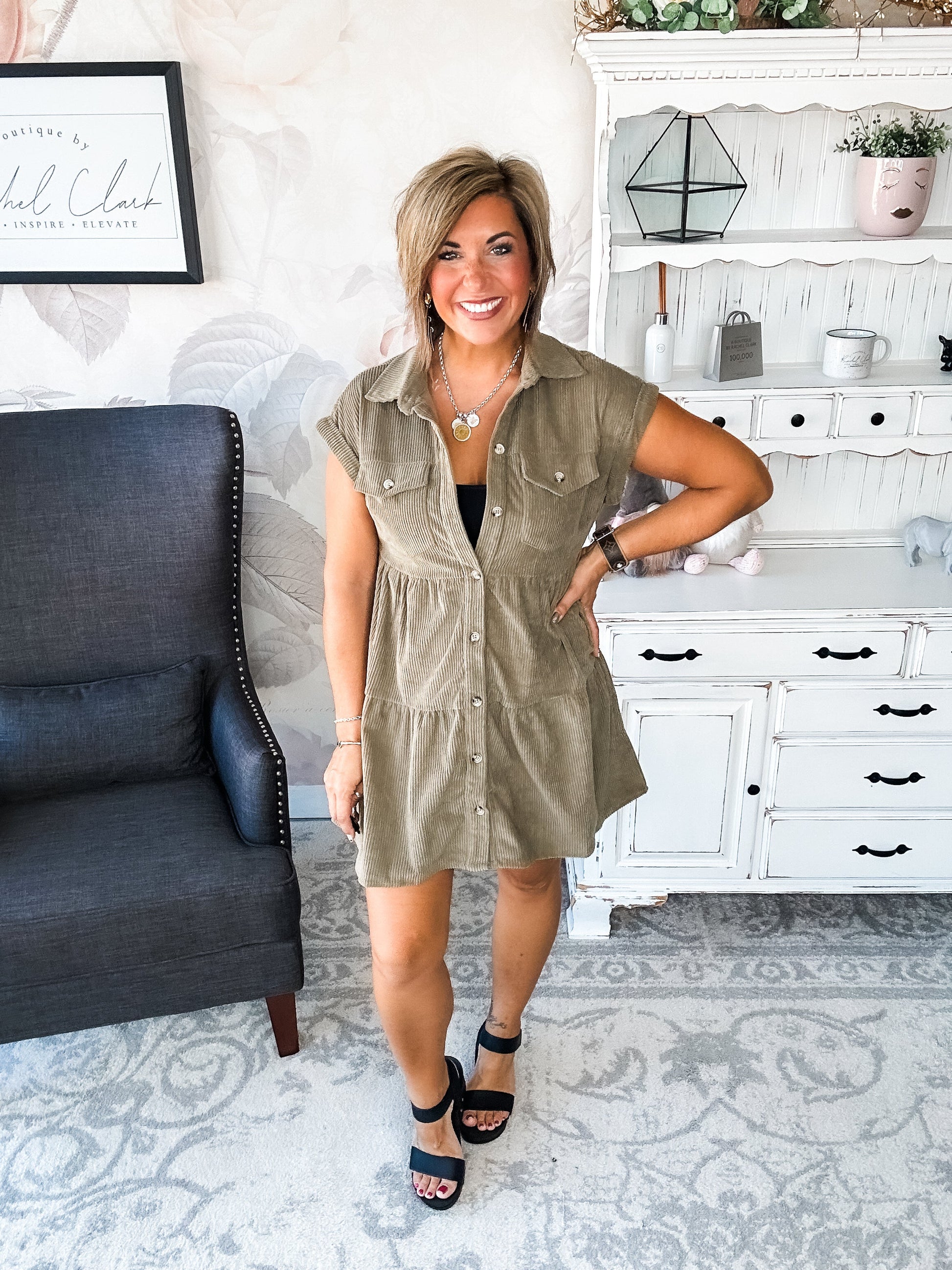 Missing Home Corduroy Dress - Olive