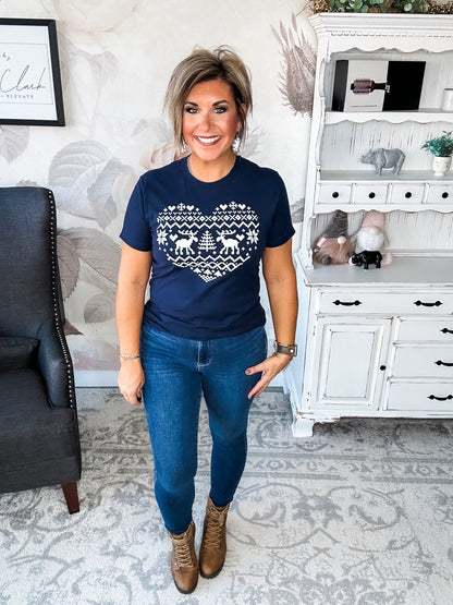Merry Moose Christmas Heart Graphic Tee