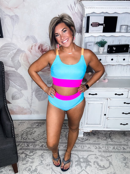 Catching Waves Bikini Swim Top - Blue, Bright Pink & Orange