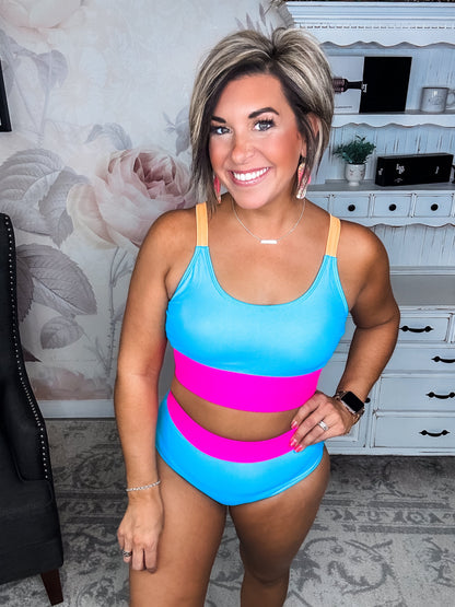 Catching Waves Bikini Swim Top - Blue, Bright Pink & Orange