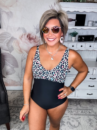 From The Shore One-Piece Swimsuit - Black & Multi-Color Leopard