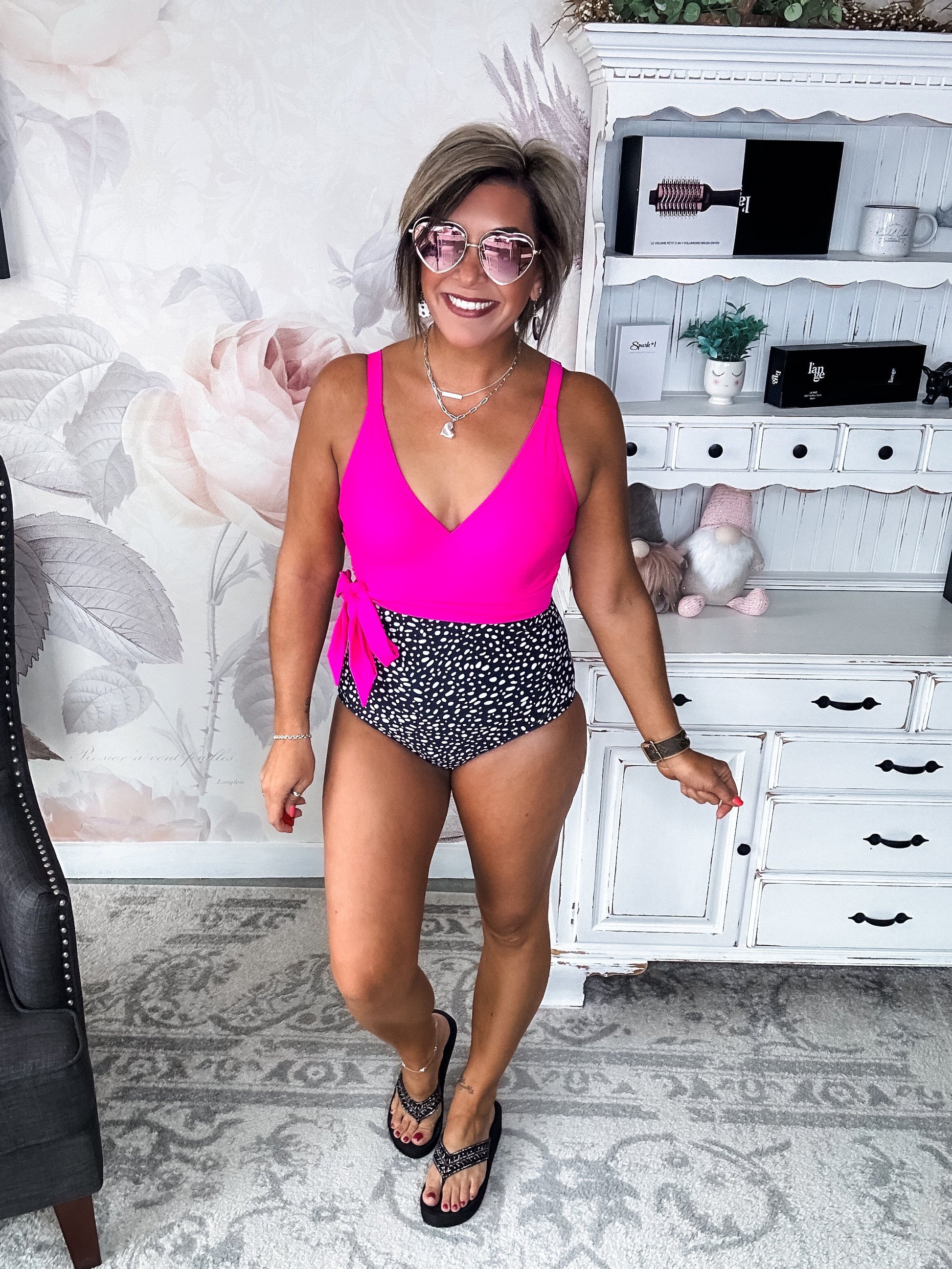 Beach Party One-Piece Swimsuit - Hot Pink & Black Spotted