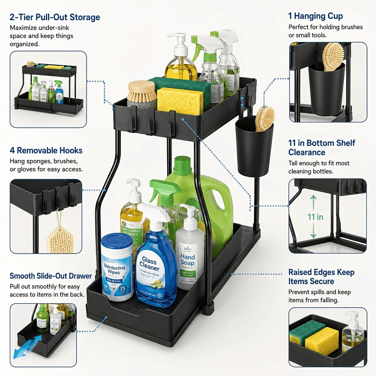 2 Pack Pull Out Under Sink Organizer, 2-Tier Sliding Kitchen Bathroom Cabinet Storage Shelf With Hanging Cups, Pipe Gap Compatible Storage Rack For Cleaning Supplies