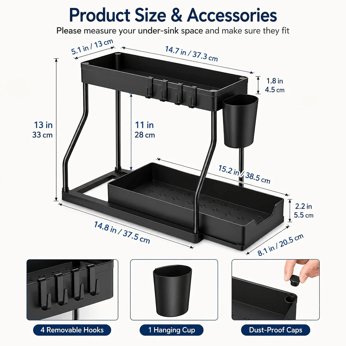 2 Pack Pull Out Under Sink Organizer, 2-Tier Sliding Kitchen Bathroom Cabinet Storage Shelf With Hanging Cups, Pipe Gap Compatible Storage Rack For Cleaning Supplies