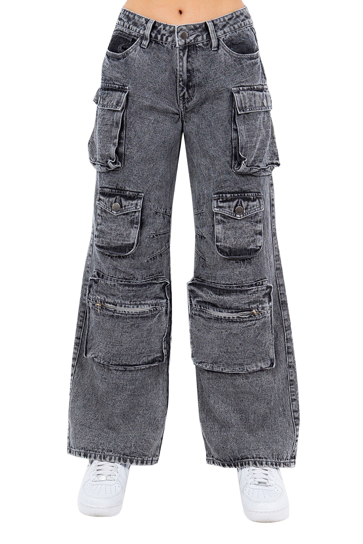 Women's High Rise Stone Washed Cargo Pocket Loose Fit Denim Jeans