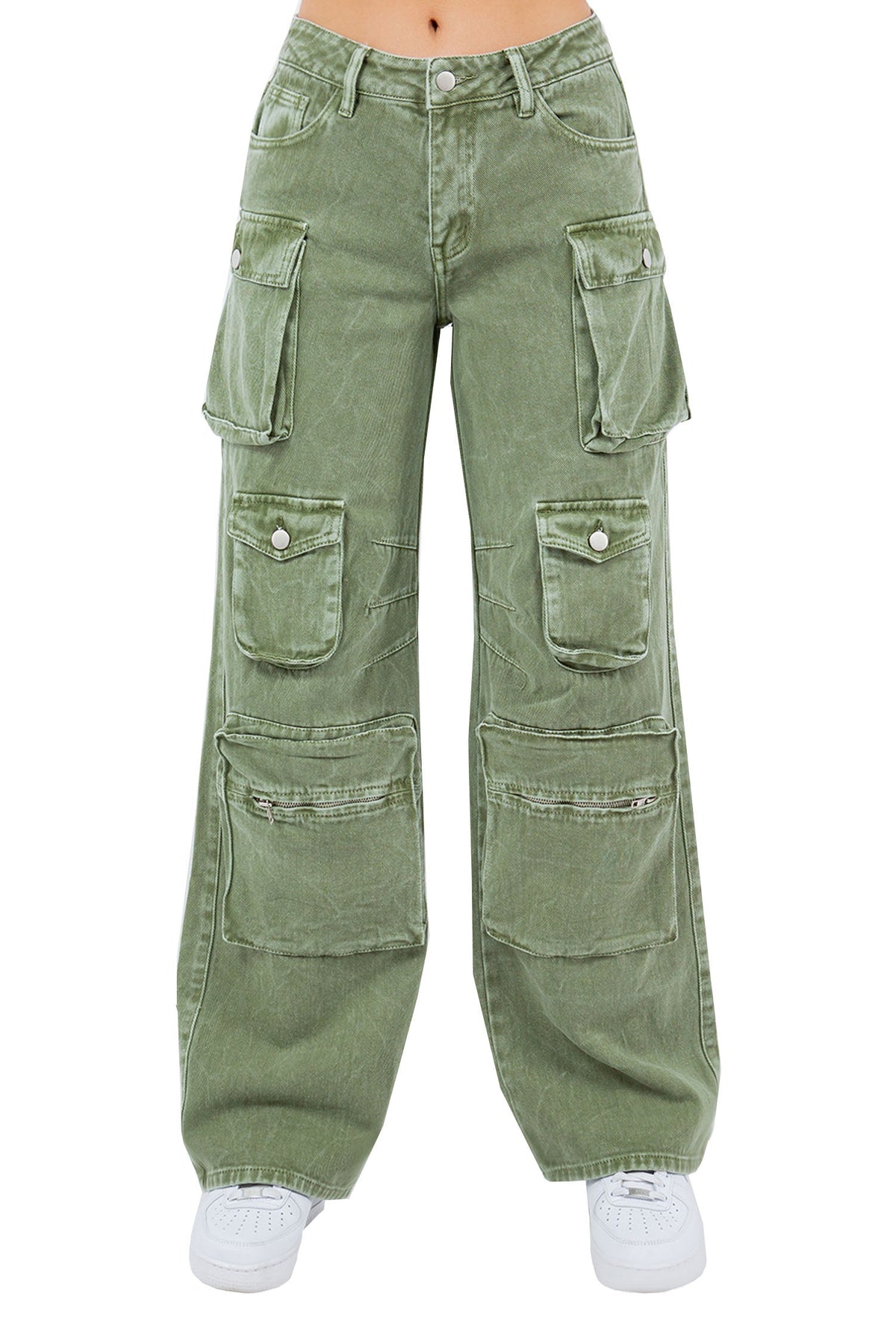 Women's High Rise Stone Washed Cargo Pocket Loose Fit Denim Jeans