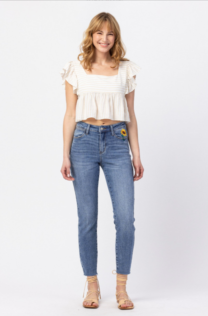 Judy Blue Sunflower Embroidered Girlfriend Jeans