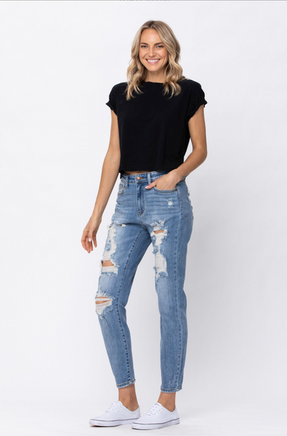 Judy Blue Destroyed Light Wash Boyfriend Jeans