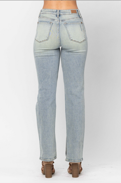 Judy Blue Destroyed Straight Fit Slit Hem Jeans