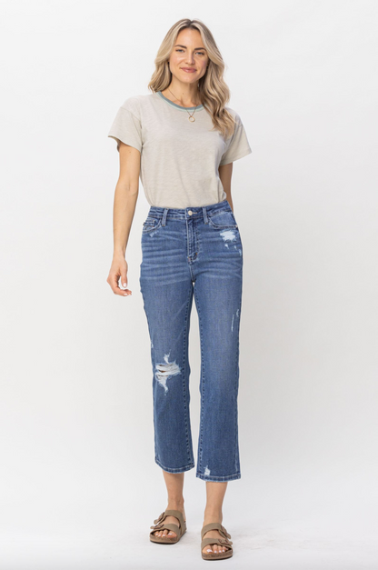 Judy Blue Destroy Pocket Embroidery Straight Leg Crop Jeans