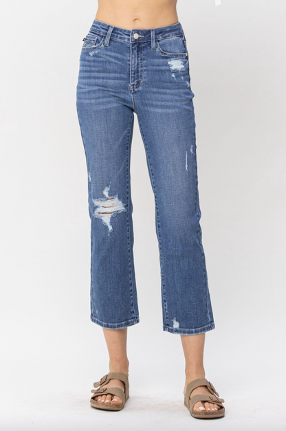 Judy Blue Destroy Pocket Embroidery Straight Leg Crop Jeans