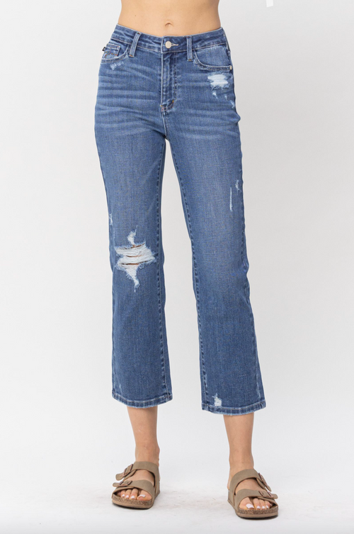 Judy Blue Destroy Pocket Embroidery Straight Leg Crop Jeans