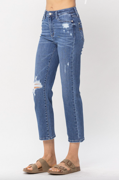 Judy Blue Destroy Pocket Embroidery Straight Leg Crop Jeans