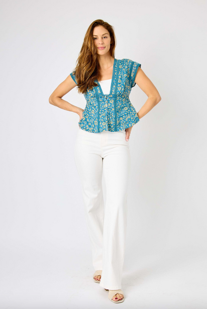 Judy Blue White Braided Waist Wide Leg Jeans