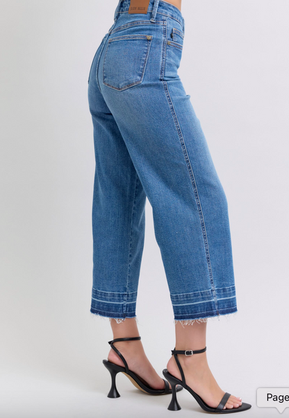 Judy Blue Tummy Control Release Hem Cropped Wide Leg Jeans