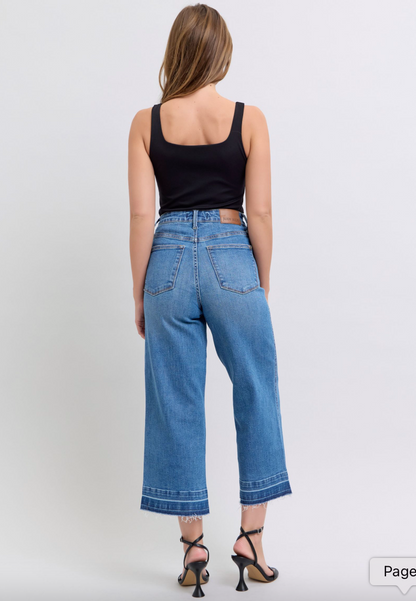 Judy Blue Tummy Control Release Hem Cropped Wide Leg Jeans