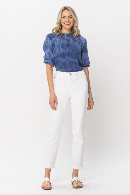 Judy Blue Double Cuff White Boyfriend Jeans