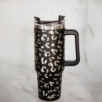 Black Metallic Leopard Tumbler Cup with Handle - 40oz