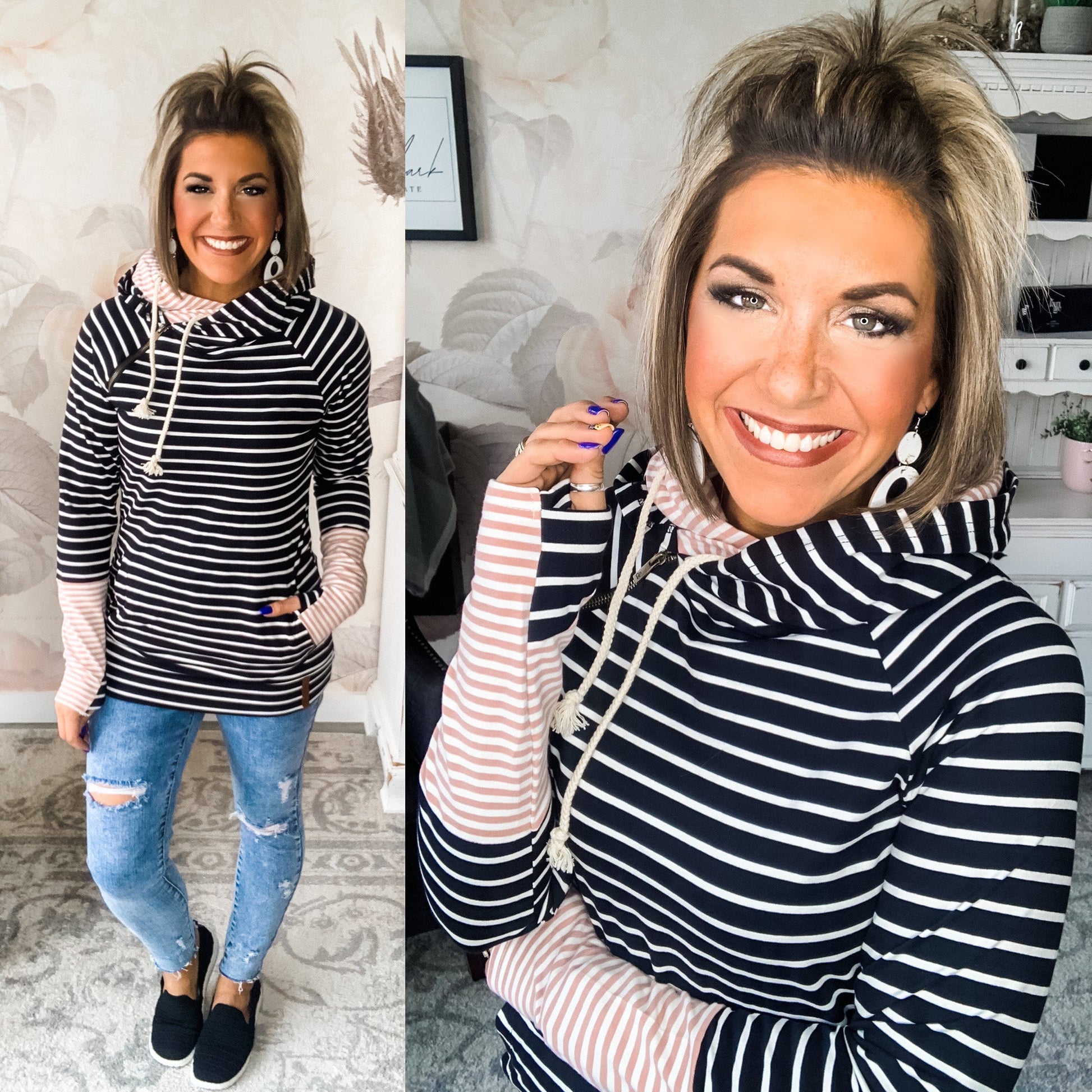 Ampersand Avenue Doublehood™ Sweatshirt - Line It Up Black & Pink